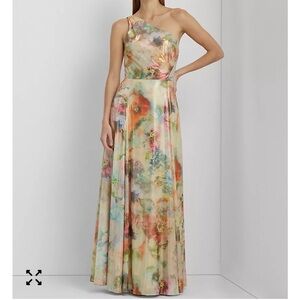 NWT Lauren Ralph Lauren Floral Metallic Georgette One-Shoulder Gown